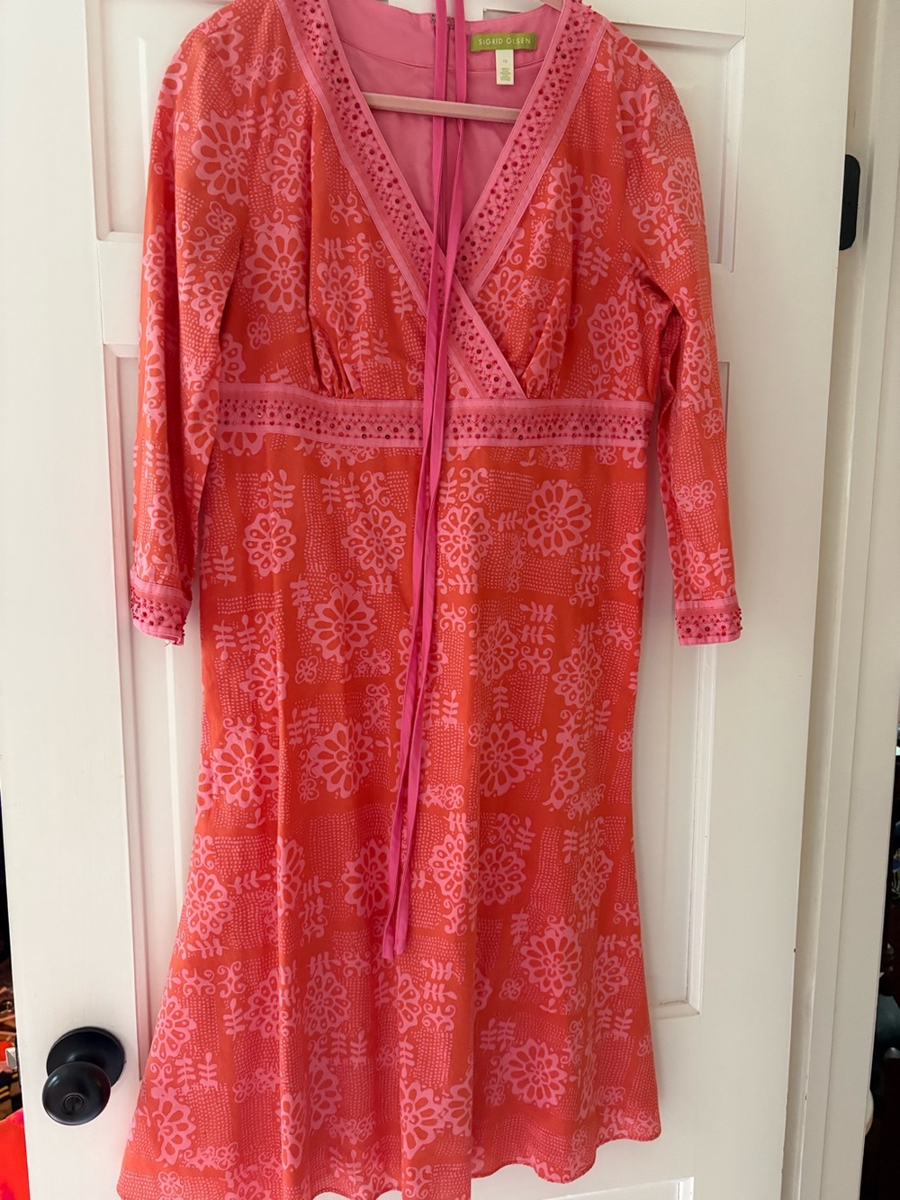 Sigrid Olsen Pink & Coral Floral V-Neck Cotton Midi Dress